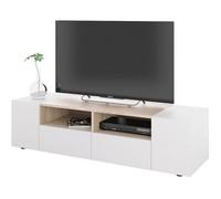 Meuble TV décor blanc et chêne - 138 cm (longueur) x 34 cm (hauteur) x 40 cm (profondeur).