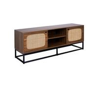 Meuble TV en décor bois et cannage arrondi 140cm piètement et poignées en métal noir