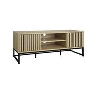 sweeek - Meuble TV en décor Bois rainuré L 120cm et piètement en métal Noir. système d'ouverture par Pression