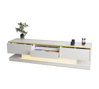 Meuble TV Design Moderne avec Surface Brillante, Trois tiroirs, éclairage LED à Changement de Couleur, Bande décorative dorée, Rangement Central Ouvert, Lignes élégantes, Structure Stable (Blanc)