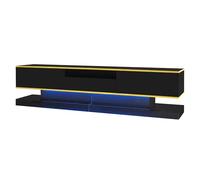 Meuble TV Design Moderne avec Surface Brillante, Trois tiroirs, éclairage LED à Changement de Couleur, Bande décorative dorée, Rangement Central Ouvert, Lignes élégantes, Structure Stable (Noir)