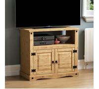 Meuble TV droit Corona - Meuble de rangement en pin massif ciré, unité de divertissement