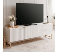 Meuble TV - Edith - Blanc mat - 2 portes tournantes - 2 tiroirs - accents en métal or