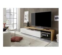 Meuble TV en blanc mat et chene massif avec 3 tiroirs - L204 x H40 x P40 cm