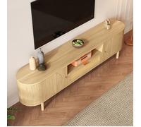 Meuble TV en Bois Clair 175 cm avec Tiroir en Rotin - Design Scandinave Arrondi et Pieds Métalliques - MERAX