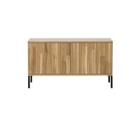 Meuble TV en bois de chêne beige, 2 étagères amovibles, 4 compartiments, pieds en métal, passe-câbles, montage - Woood, New - 100x44x56 cm