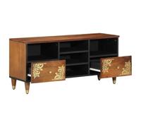 Meuble TV, en bois de manguier massif, marron miel, 100 x 33 x 46 cm, avec tiroirs et compartiments, meuble bas de salon, moderne, pour centre de divertissement et rangement home cinéma
