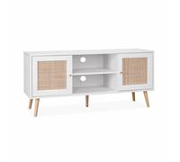 Meuble TV en cannage 120x39x56.5cm - Bohème - Blanc. 2 niveaux. 2 étagères. 2 portes. pieds scandinaves