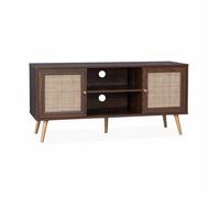 Meuble TV en cannage 120x39x56.5cm - Bohème - couleur bois foncé. 2 niveaux. 2 étagères. 2 portes. pieds scandinaves