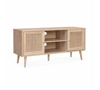 Alice's Home - Meuble TV en cannage 120x39x56.5cm - Bohème - Naturel. 2 Niveaux. 2 étagères. 2 Portes. Pieds scandinaves