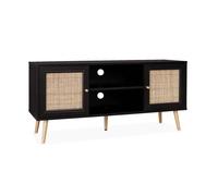 Meuble TV en cannage 120x39x56.5cm - Bohème - Noir. 2 niveaux. 2 étagères. 2 portes. pieds scandinaves