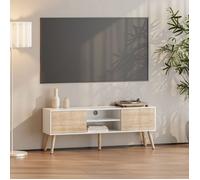 Meuble TV Design Support Télé Banc avec 2 Portes et 2 Étagères Panneau de Particules Mélaminé Pieds en Bois avec Revêtement PVC 120 x 30 x 47 cm Blanc Effet Chêne