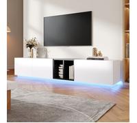 Meuble TV en Contraste Noir et Blanc avec Eclairage LED, 2 Portes et Compartiments Ouverts, Moderne Banc TV avec