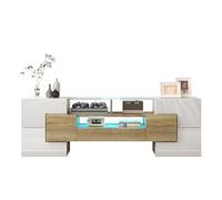Meuble TV en MDF, Surface en Verre Élégante, LED Multicolores, 6 Portes et 2 Tiroirs, 145 cm, Blanc et Or, Idéal pour Salon, Design Moderne