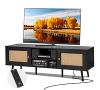 VEVOR Meuble TV en Rotin pour Téléviseur 65" Banc TV avec Prise Intégrée Noir