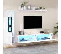 Meuble TV ensemble 3 pièces avec 2 grandes portes abattantes vitrine et étagères éclairage LED panneaux de particules Blanc