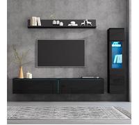 Meuble TV ensemble de 3 pièces - avec vitrine et étagère suspendue noir brillant éclairage LED avec contrôle par application