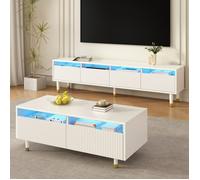 Meuble TV-ensemble de meubles LED Modernes-meuble TV à quatre portes et table basse à deux tiroirs-blanc avec design doré