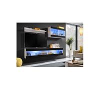 Meuble TV Ensemble Komodee TIVOLI SET6 - LED Bleues - Espace ouvert Blanc Noir 35 x 200 x 195 cm