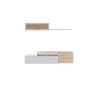 Meuble TV ESME 2 portes avec étagère murale L200cm - Blanc et bois