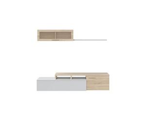 Meuble TV ESME 2 portes avec étagère murale L200cm - Blanc et bois