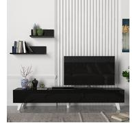 en.casa Meuble TV et 2 étagères Saarijärvi 180 x 31 x 33 cm 2 portes rabattables Noir