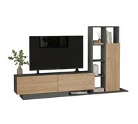 Meuble TV et étagère - ACTUAL DIFFUSION - 3 portes 11 niches - Imitation chêne & gris anthracite - L201 2×P29 5×H123 6 cm