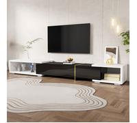 Meuble TV extensible 140-260 cm en MDF et panneaux - aspect marbre blanc, finition noire et détails dorés, avec rangements