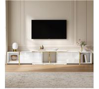 Meuble TV extensible à façades brillantes 2 espaces ouverts et rangement fermé pour salon blanc - UVRION
