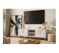 Meuble TV Flinn 4 portes blanc / blanc mat avec rainures et pieds dorés