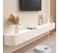 Meuble TV flottant à fixation murale avec portes, console multimédia de divertissement, en bois massif, moderne, coin rond, pour salon (blanc + bois, 140 cm)