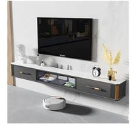 Meuble TV flottant avec grand espace de rangement, console multimédia moderne de luxe, porte rabattable en verre et plateau de bureau