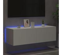 Meuble TV flottant avec lumières LED - Console multimédia moderne de 100 cm - Meuble TV mural pour la plupart des téléviseurs - Design élégant blanc et marron - Parfait pour le salon et les espaces de