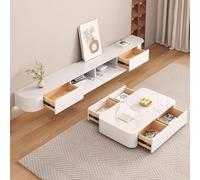 Meuble TV flottant de 260,1 cm avec tiroirs et gestion des câbles, console multimédia en bois massif, grand banc de rangement sous TV, pas de montage nécessaire (blanc)