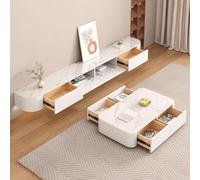 Meuble TV flottant de 280 cm avec tiroirs, console multimédia en bois massif, sous banc de rangement TV, pas de montage nécessaire, finition élégante blanc roche