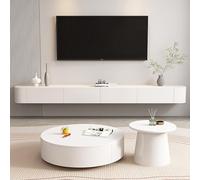 Meuble TV flottant moderne - 260 cm - En bois massif - Console multimédia élégante - Étagères blanches - Grand centre de divertissement avec grand espace de rangement pour home cinéma - Design