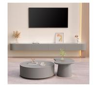 Meuble TV flottant moderne de 240 cm, unité de divertissement élégante en bois gris, console de rangement avec 3/4 étagères pour salon et média.
