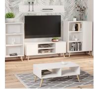 Meuble TV Focus 135 cm Armoire TV - blanc, pieds bois, style scandinave