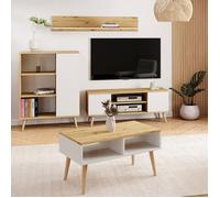 Meuble TV Focus 135 cm Armoire TV chêne artisan/blanc - pieds bois, style scandinave