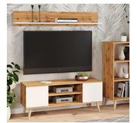 Meuble TV Focus 135 cm Armoire TV chêne doré - blanc, pieds bois, style scandinave
