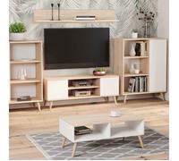 Meuble tv focus 155 cm Armoire TV scandinave pieds en bois, chêne sonoma/blanc