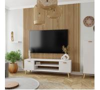 Meuble TV Focus Armoire TV - blanc, pieds bois, style scandinave L 155 cm