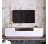 Vente-unique Meuble TV LOTULA – 3 portes et 1 niche – Blanc et naturel