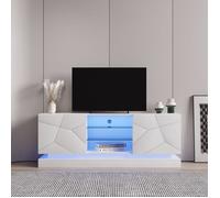 Meuble TV Givré Blanc avec éclairage LED, étagère en Verre Réglable, Meuble TV avec Espace de Rangement, 160 x 38.5 x 60 cm, Blanc