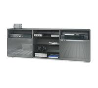 Meuble TV Granada, Lowboard avec 2 portes et 6 compartiments ouverts, corps anthracite mat, façades en gris haute brillance
