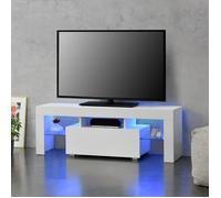 [en.casa] Meuble TV avec Éclairage LED Multicolore Banc Support Design avec Étagères de Verre et Tiroir Panneaux de Particules Mélaminés 130 x 35 x 45 cm Blanc