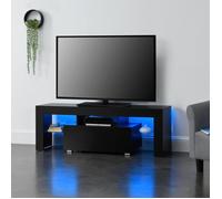 [en.casa] Meuble TV avec Éclairage LED Multicolore Banc Support Design avec Étagères de Verre et Tiroir Panneaux de Particules Mélaminés 130 x 35 x 45 cm Noir