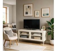 Meuble TV - HAPPY GARDEN - TOM - Métal 120 cm - Blanc - Rangement fermé et gestion câbles