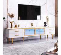 Meuble TV Haut de Gamme - Effet Marbre & Verre Trempé Brun - Gestion Câbles & LED RGB - Style Luxe Intemporel - Blanc - 170x37x47.5