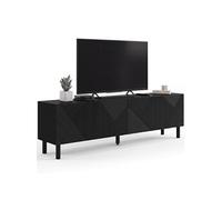 IDMarket - Meuble TV 180 cm HIMARA 2 Portes Lattes géométriques Bois Noir | Design lattes, motifs à reliefs, banc TV
